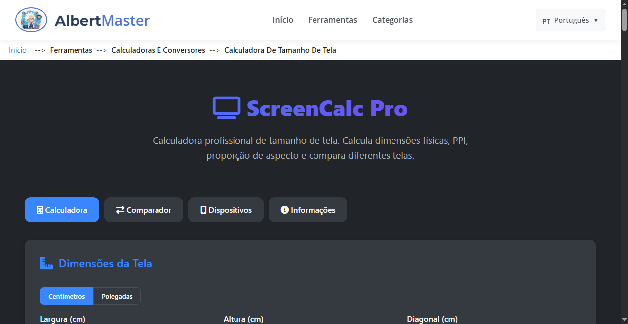 ScreenCalc Pro | Calculadora de Tamanho de Tela