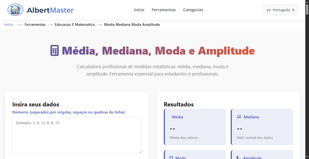Calculadora de Média, Mediana, Moda e Amplitude