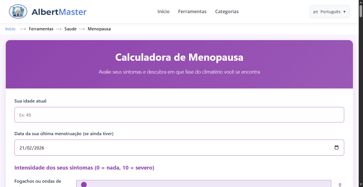 Teste de Sintomas de Menopausa | Calculadora Idade e Severidade
